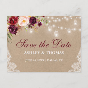 Kraft Rustic Jar Lights Lace Floral Save the Date Announcement Postcard