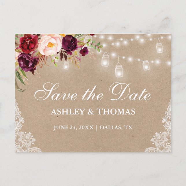 Kraft Rustic Lights Jars Lace Floral Save the Date Announcement Postcard (Front)