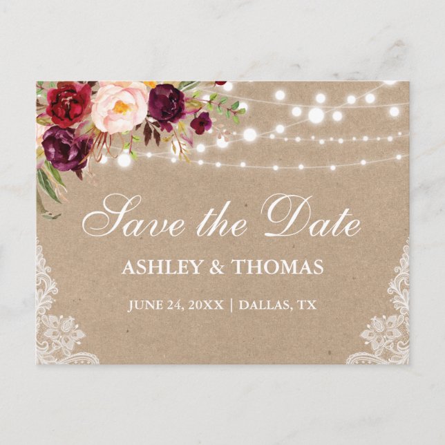 Kraft Rustic Lights Lace Floral Save the Date Announcement Postcard (Front)