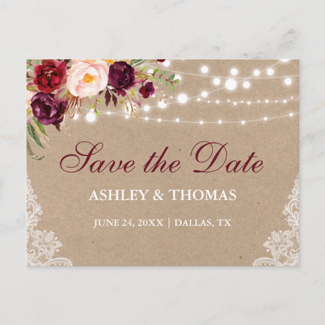 Kraft Rustic Lights Lace Floral Save the Date B Announcement Postcard (Front)