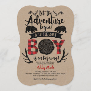 Kraft, Rustic, Lumberjack, Buffalo Plaid, Baby Boy Invitation