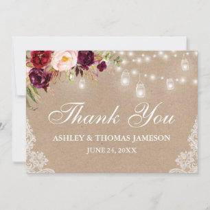 Kraft Rustic Wedding Floral Jar Lights Lace Thank You Card