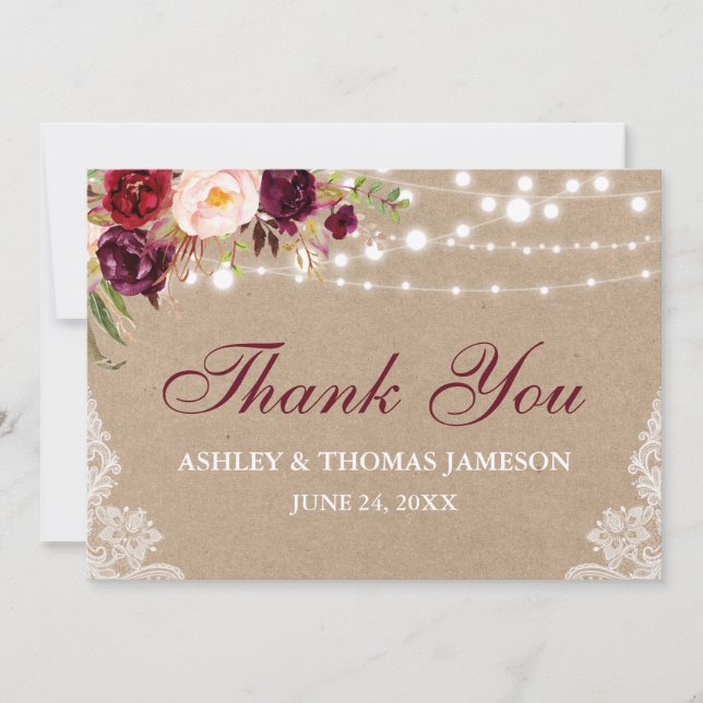 Kraft Rustic Wedding Floral Lights Lace Thanks B Thank You Card (Front)
