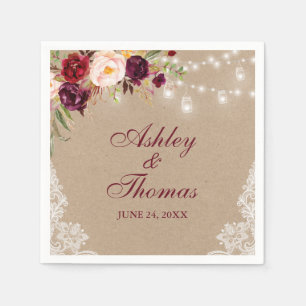 Kraft Rustic Wedding Jar Lights Lace Floral Napkin
