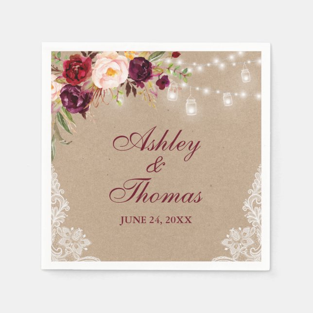 Kraft Rustic Wedding Jar Lights Lace Floral Napkin (Front)