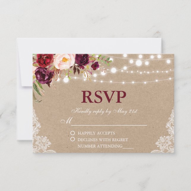 Kraft Rustic Wedding Lights Lace Floral RSVP B (Front)