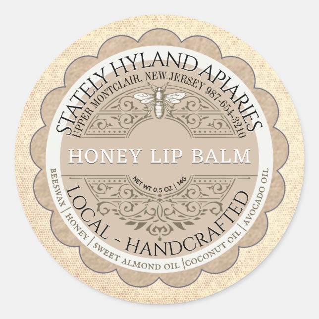 Kraft Scallop French Filagree Honeybee Lip Balm    Classic Round Sticker (Front)