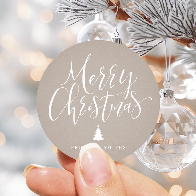 Kraft Simple Calligraphy Merry Christmas Classic Round Sticker (Kraft Simple Calligraphy Merry Christmas Classic Round Sticker)