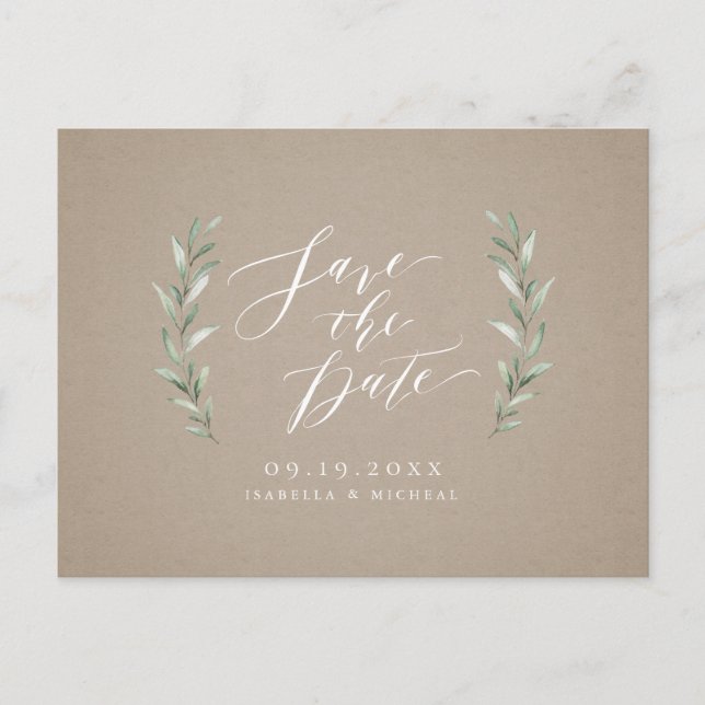 Kraft Simple calligraphy rustic greenery wedding Announcement Postcard (Front)