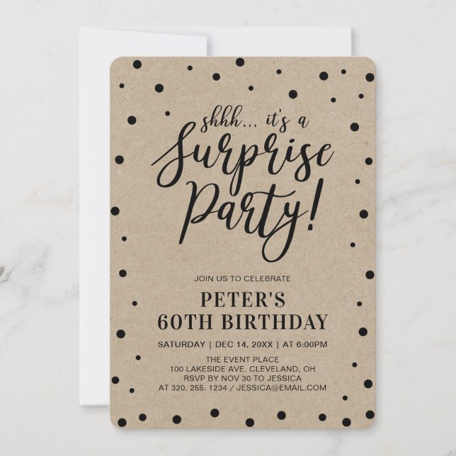 Kraft | Simple Confetti Surprise Birthday Party Invitation (Front)