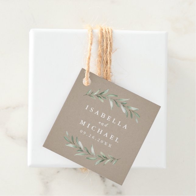 kraft Simple Watercolor Rustic Greenery Wedding Favour Tags (In Situ)