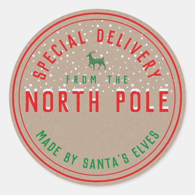 Kraft Special Delivery From The North Pole Classic Round Sticker (Front)