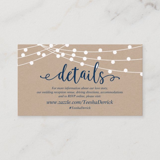 Kraft String Light, Navy Blue, Wedding Details Enclosure Card (Front)