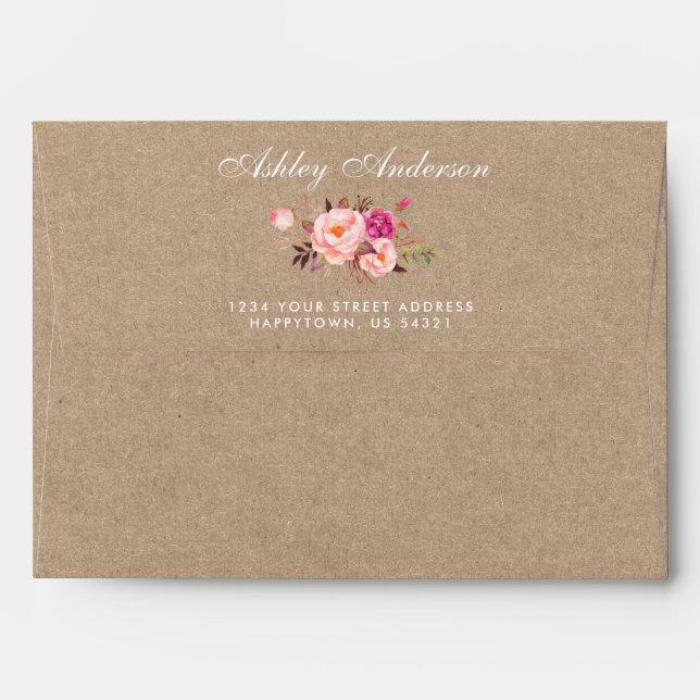 Kraft Style Pink Watercolor Floral Wedding Envelope (Back (Top Flap))