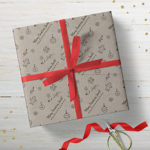 Kraft-Styled Christmas Doodles Monochrome Wrapping Paper