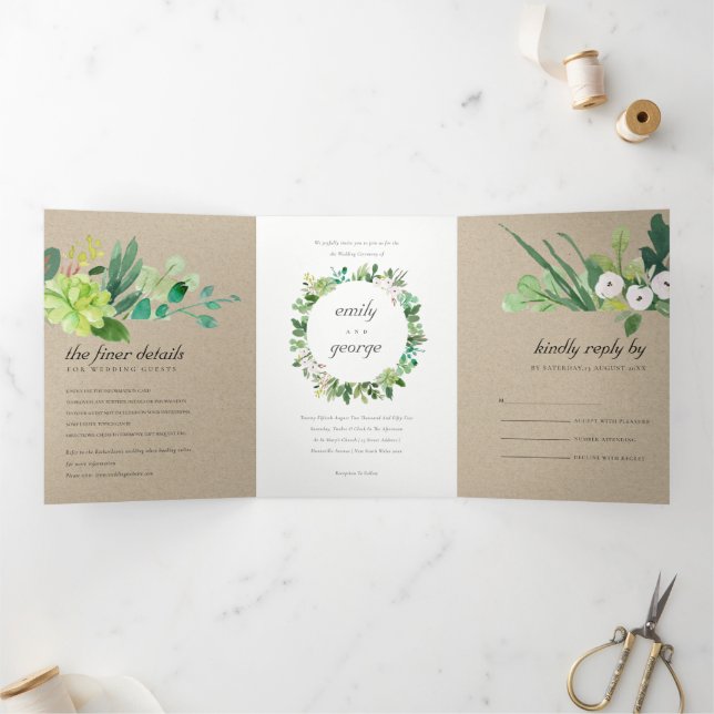 KRAFT SUCCULENT WREATH FOLIAGE WATERCOLOR WEDDING Tri-Fold INVITATION (Inside)