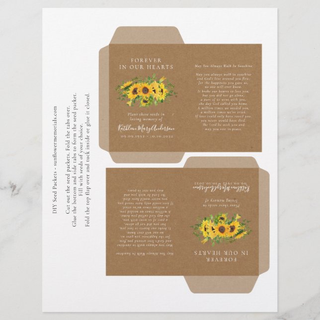 Kraft Sunflower Memorial Seed Packet DIY Template (Front)