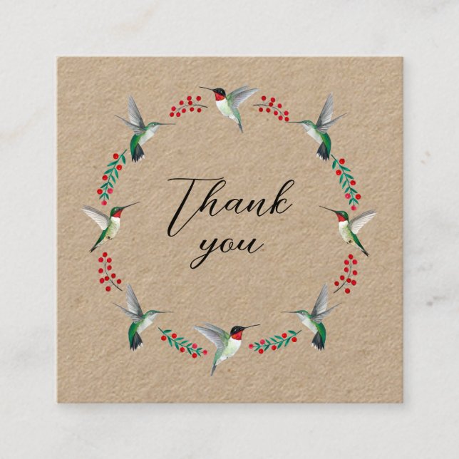 Kraft Thank You Hummingbird Wreath Square Business Card (Front)