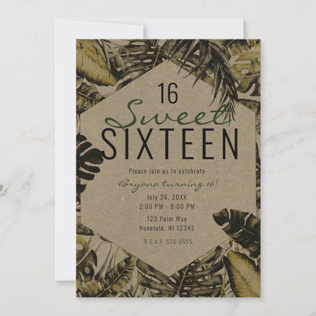 Kraft Tropical Palm Leaves Summer Island Sweet 16 Invitation (Front)