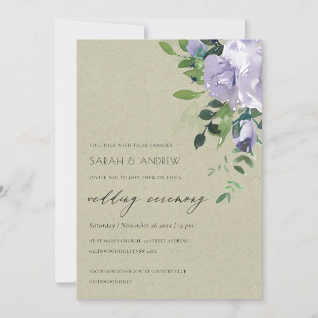 Kraft Violet Purple Floral Leafy Wedding Invite (Front)