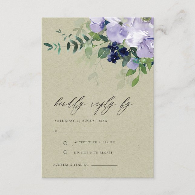 Kraft Violet Purple Floral Leafy Wedding RSVP Enclosure Card (Front)