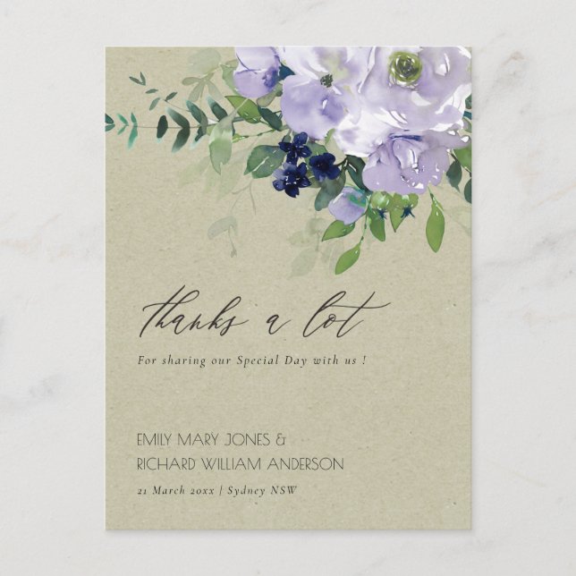 Kraft Violet Purple Floral Leafy Wedding Thanks Postcard (Front)
