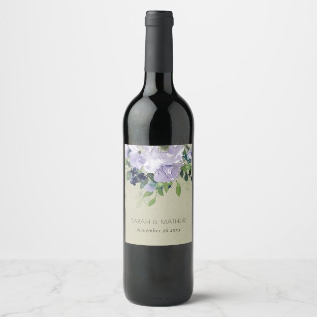 Kraft Violet Purple Navy Floral Leafy Wedding Wine Label (Front)