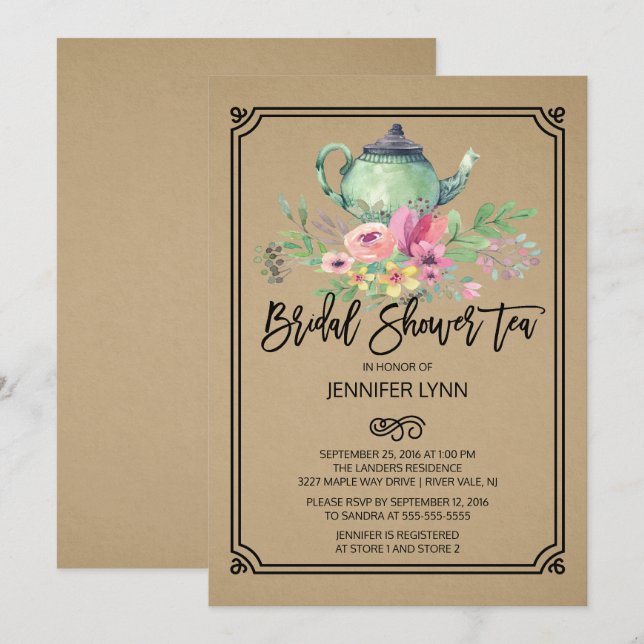 Kraft Watercolor Bridal Shower Tea Invitation (Front/Back)