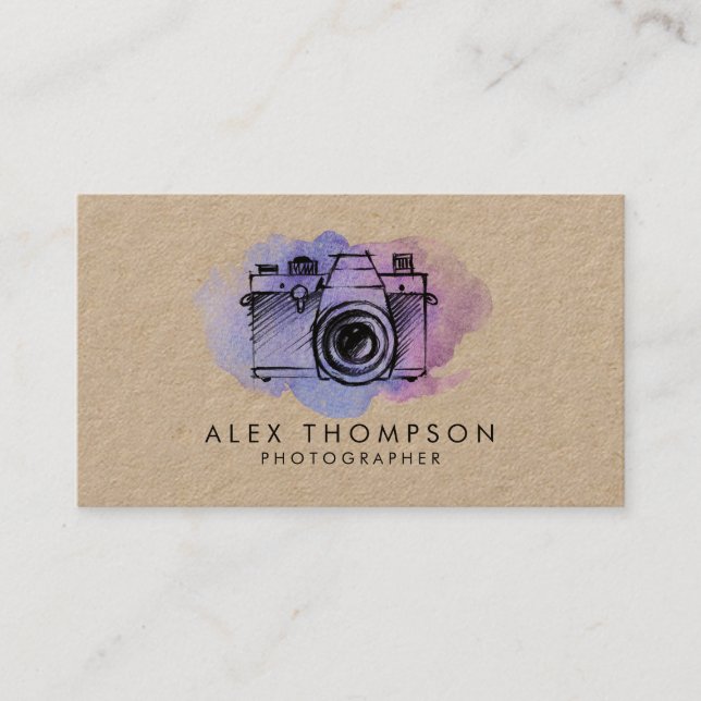 Kraft Watercolor Camera Photographer Business Card (Front)