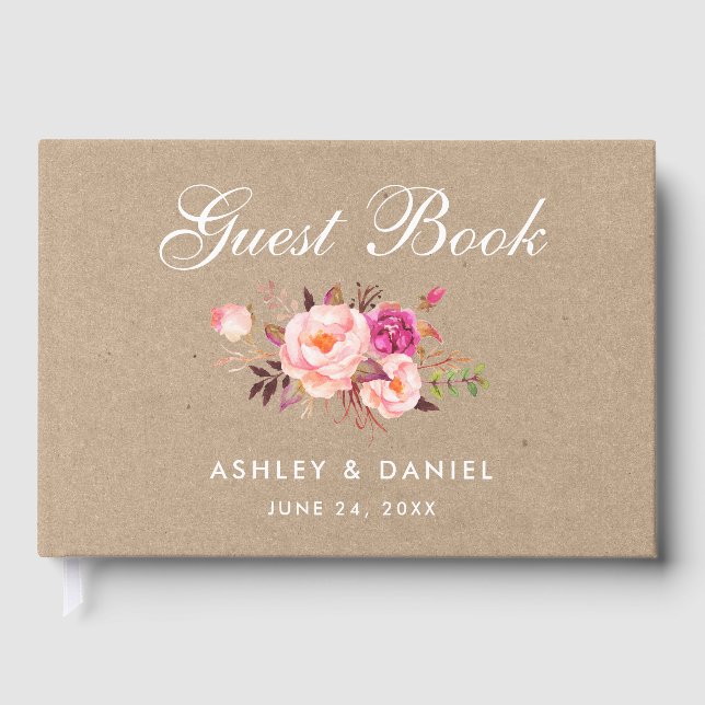Kraft Watercolor Floral Pink Blush Wedding Guest Book (Front)