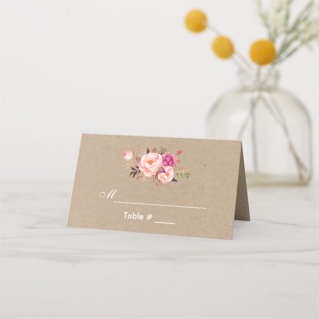 Kraft Watercolor Floral Pink Blush Wedding Place Card (Front)