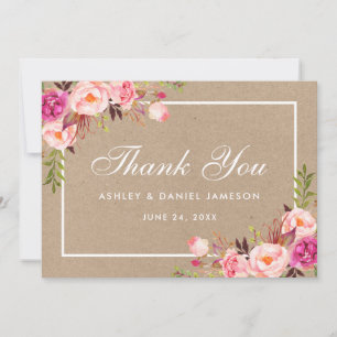 Kraft Watercolor Floral Pink Blush Wedding Thanks Thank You Card