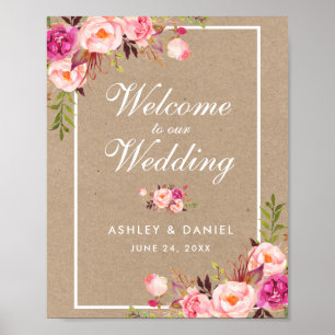 Kraft Watercolor Floral Pink Blush Wedding Welcome Poster