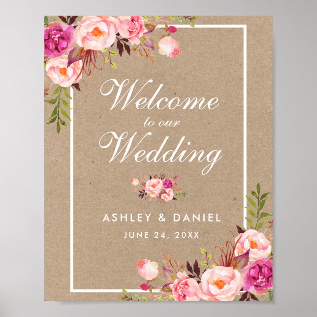 Kraft Watercolor Floral Pink Blush Wedding Welcome Poster (Front)