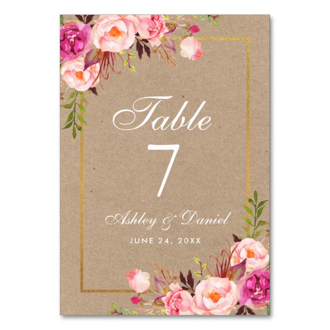 Kraft Watercolor Floral Pink Gold Wedding Table Number (Front)