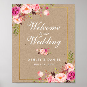 Kraft Watercolor Floral Pink Gold Wedding Welcome Poster