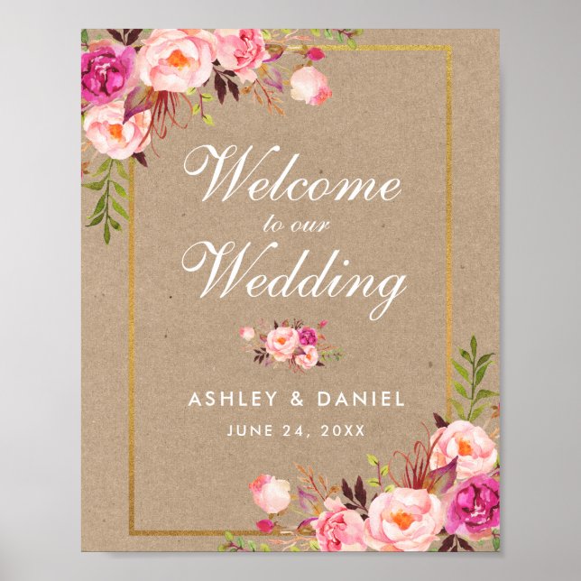 Kraft Watercolor Floral Pink Gold Wedding Welcome Poster (Front)