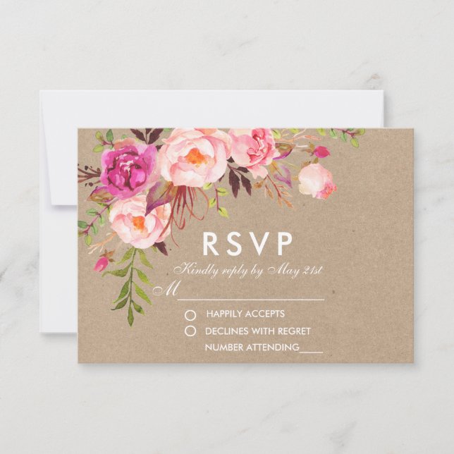 Kraft Watercolor Floral Pink RSVP Wedding Card (Front)