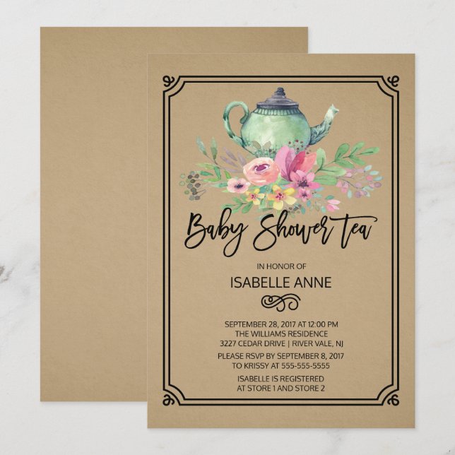 Kraft Watercolor Floral Tea Party Baby Shower Invitation (Front/Back)