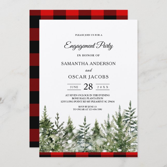 Kraft Watercolor Pine Trees & Red Buffalo Plaid  Invitation (Front/Back)