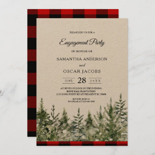 Kraft Watercolor Pine Trees & Red Buffalo Plaid  Invitation