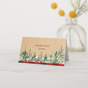 Kraft Watercolor Pine Trees & Red Buffalo Plaid  Place Card