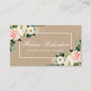 Kraft Watercolor Pink Blush White Floral Business Card