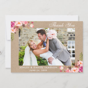 Kraft Watercolor Pink Floral Wedding Photo Thank You Card