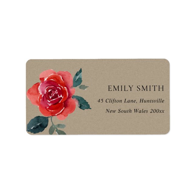 KRAFT WATERCOLOR RED GREEN ROSE FLORAL ADDRESS LABEL (Front)
