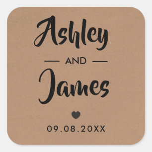 Kraft Wedding Favour Sticker, Personalised, Names Square Sticker