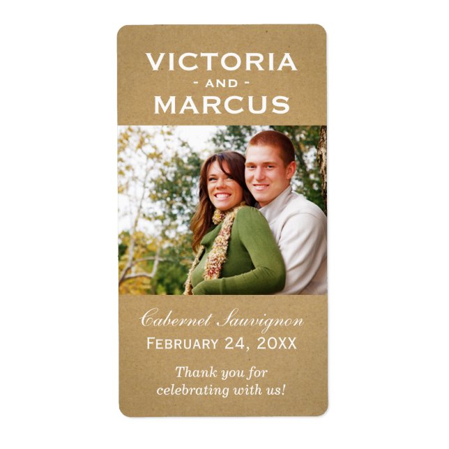 Kraft Wedding Monogram Photo Wine Bottle Favour (Front)