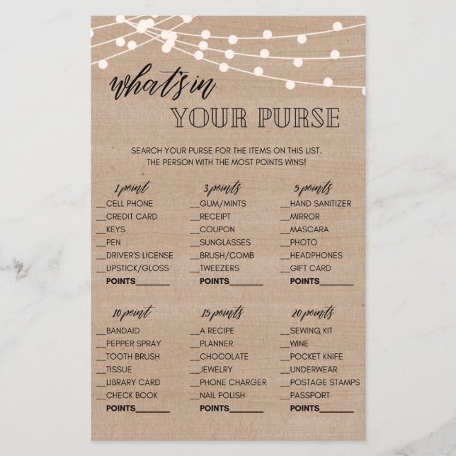 Kraft what's in your purse bridal shower game (Front)