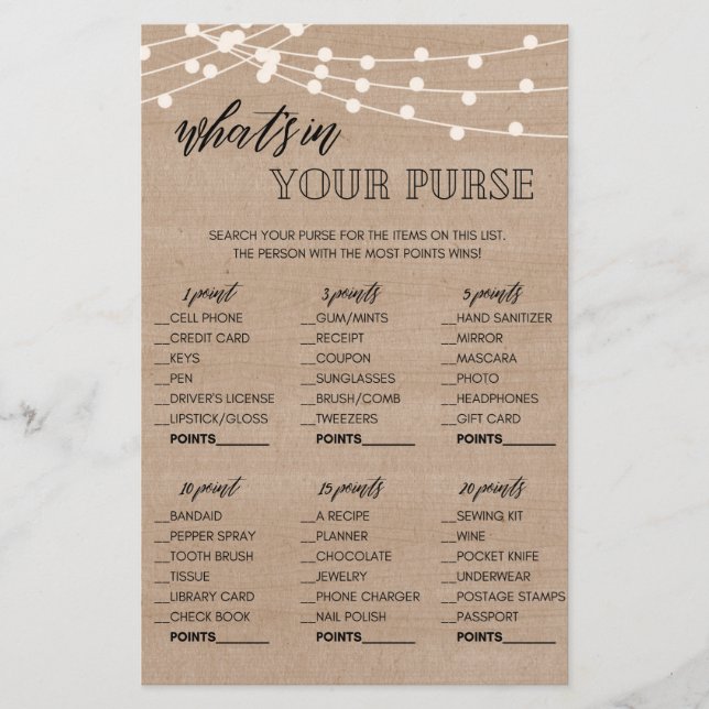 Kraft what's in your purse bridal shower game flyer (Front)