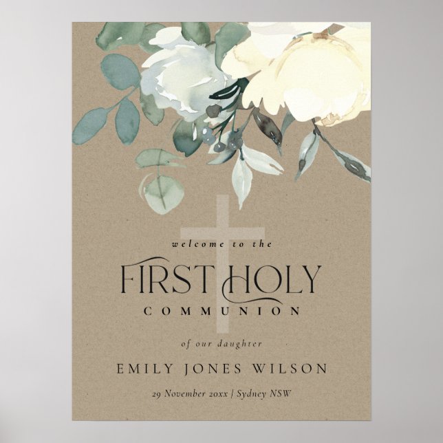 KRAFT WHITE FLORAL FIRST HOLY COMMUNION WELCOME POSTER (Front)